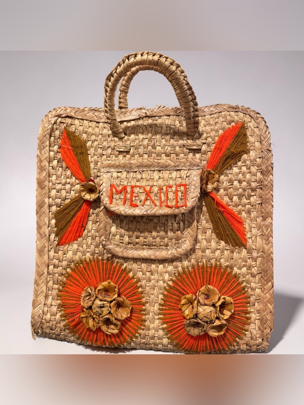 Handwoven Straw Tote with Orange Accent Embroidery